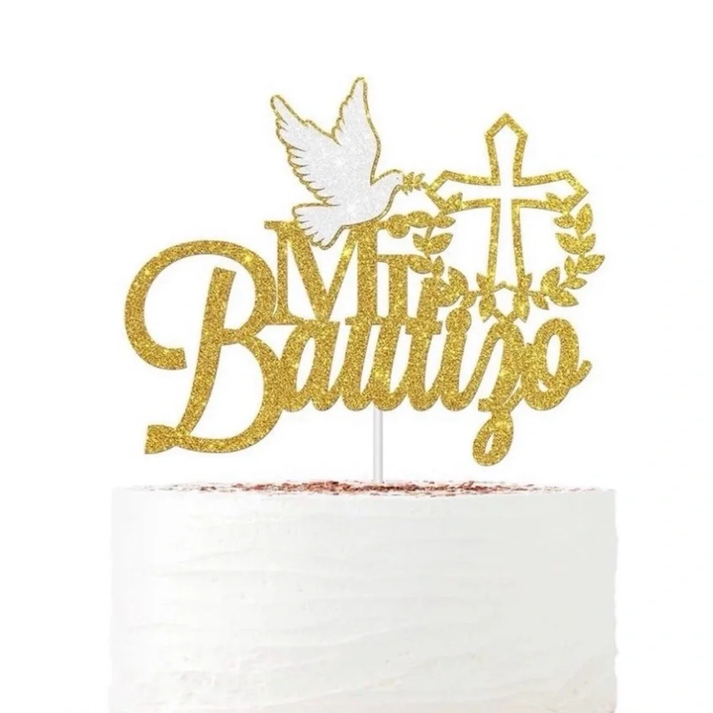 Gold 'Mi Bautizo' Cake Topper with Dove and Cross – Baptism Celebration Decor